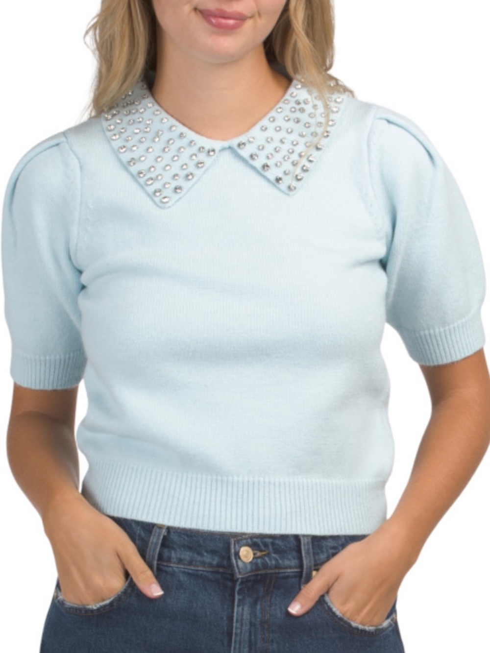 English Factory Pearl-Trim Short Sleeve Light Blue Sweater